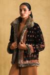 Ritu Kumar_Black Silk, Velvet Embroidery Collared Floral Print Quilted Jacket_at_Aza_Fashions