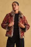 Ritu Kumar_Red Silk And Velvet Printed Floral Exaggerated Collar Bloom Quilted Jacket _Online_at_Aza_Fashions