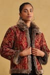 Ritu Kumar_Red Silk And Velvet Printed Floral Exaggerated Collar Bloom Quilted Jacket _at_Aza_Fashions