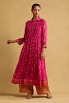 Buy_Ritu Kumar_Pink Viscose Printed Floral Collar Pintucked Kurta _at_Aza_Fashions