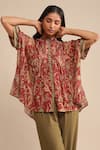 Ritu Kumar_Red Cotton, Silk Embroidery Mandarin Collar Botanical Print Tunic_Online_at_Aza_Fashions