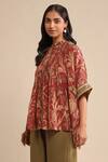 Buy_Ritu Kumar_Red Cotton, Silk Embroidery Mandarin Collar Botanical Print Tunic_Online_at_Aza_Fashions