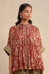 Ritu Kumar_Red Cotton, Silk Embroidery Mandarin Collar Botanical Print Tunic_at_Aza_Fashions