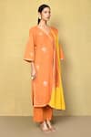 Naintara Bajaj_Orange Pure Cotton Embroidery Zari Lily V Neck Work Angarkha Kurta Pant Set_at_Aza_Fashions