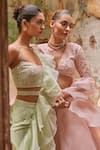 labelMayaa_Pink Organza Embroidered Bead Plunged V Neck Floral Blouse Lehenga Set _at_Aza_Fashions