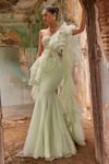 Buy_labelMayaa_Green  Dupion Silk Embroidered Floral Ruffle Pre-draped Saree With _at_Aza_Fashions