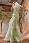 Shop_labelMayaa_Green  Dupion Silk Embroidered Floral Ruffle Pre-draped Saree With _at_Aza_Fashions