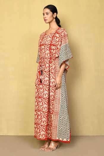 Maroon - Bagru Block Printed Cotton Kaftan with Tie-Up Waist (Medium)