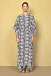 Khwaab by Sanjana Lakhani_Blue Cotton Hand Block Print Floral Round Collar Kaftan _Online_at_Aza_Fashions