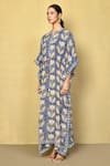 Shop_Khwaab by Sanjana Lakhani_Blue Cotton Hand Block Print Floral Round Collar Kaftan _Online_at_Aza_Fashions