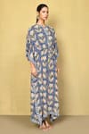 Khwaab by Sanjana Lakhani_Blue Cotton Hand Block Print Floral Round Collar Kaftan _at_Aza_Fashions