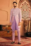 Buy_Asuka_Purple Raw Silk Embroidered Thread Geometric Pattern Sherwani Set _at_Aza_Fashions