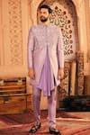 Shop_Asuka_Purple Raw Silk Embroidered Thread Geometric Pattern Sherwani Set _at_Aza_Fashions