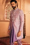 Buy_Asuka_Purple Raw Silk Embroidered Thread Geometric Pattern Sherwani Set _Online_at_Aza_Fashions