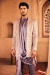 Shop_Asuka_Purple Satin, Suede Embroidery Resham Bandhgala Kurta Set _at_Aza_Fashions