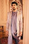 Asuka_Purple Satin, Suede Embroidery Resham Bandhgala Kurta Set _Online_at_Aza_Fashions