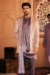 Buy_Asuka_Purple Satin, Suede Embroidery Resham Bandhgala Kurta Set _Online_at_Aza_Fashions