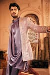 Shop_Asuka_Purple Satin, Suede Embroidery Resham Bandhgala Kurta Set _Online_at_Aza_Fashions
