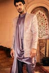 Asuka_Purple Satin, Suede Embroidery Resham Bandhgala Kurta Set _at_Aza_Fashions
