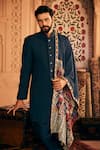 Asuka_Blue Cotton Silk Plain Pintuck Sherwani Set _Online_at_Aza_Fashions