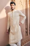 Shop_Asuka_Cream Cotton, Silk Embroidery Chanderi Kurta And Pyjama Set _at_Aza_Fashions