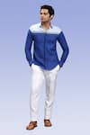 Buy_Asuka_Blue Linen Embroidery Color Blocked Shirt _at_Aza_Fashions