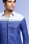 Asuka_Blue Linen Embroidery Color Blocked Shirt _Online_at_Aza_Fashions