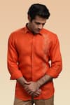 Shop_Asuka_Orange Pure Irish Linen Embroidered Thread Floral Placement Shirt _at_Aza_Fashions