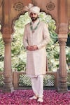 Buy_Asuka_Cream Raw Silk Embroidered Thread Tonal Sherwani Churidar Set _at_Aza_Fashions