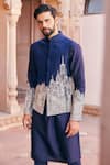 Shop_Asuka_Blue Raw Silk Embroidered City Scene Bundi Kurta Set _at_Aza_Fashions