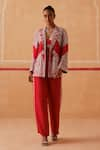 Buy_Sureena Chowdhri_Red Habutai Silk Embroidery Cutdana Vidya Geometric Jacket Pant Set  _at_Aza_Fashions