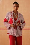 Sureena Chowdhri_Red Habutai Silk Embroidery Cutdana Vidya Geometric Jacket Pant Set  _Online_at_Aza_Fashions