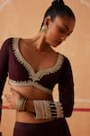 Sureena Chowdhri_Brown Blouse And Sharara Habutai Silk Embroidery Cutdana Leaf Neck Rhea Set_at_Aza_Fashions