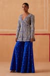 Buy_Sureena Chowdhri_Blue Jacket Organza Embroidery Zari Leaf Neck Maya And Gharara Set _at_Aza_Fashions