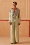 Shop_Sureena Chowdhri_Green Habutai Silk Embroidered Yoke Pipe Notched V Neck Maya Kaftan _at_Aza_Fashions