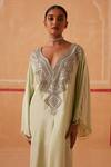 Sureena Chowdhri_Green Habutai Silk Embroidered Yoke Pipe Notched V Neck Maya Kaftan _Online_at_Aza_Fashions