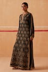 Buy_Sureena Chowdhri_Black Muslin Hand Embroidery Hexagon Notched V Neck Durga Kaftan  _at_Aza_Fashions