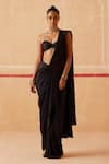 Buy_Sureena Chowdhri_Black Habutai Silk Plain Sweetheart Neck Shakti Pre-draped Saree With Blouse _at_Aza_Fashions