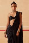 Sureena Chowdhri_Black Habutai Silk Plain Sweetheart Neck Shakti Pre-draped Saree With Blouse _Online_at_Aza_Fashions