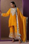 Buy_Wazir C_Yellow Silk, Organza, Cotton Kashmiri Tilla Kurta Bell Bottom Pant Set _Online_at_Aza_Fashions