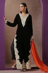 Buy_Wazir C_Black Silk, Velvet, Cotton Embroidery V-neck Placement Kashmiri Kurta Pant Set _Online_at_Aza_Fashions