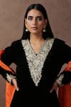 Wazir C_Black Silk, Velvet, Cotton Embroidery V-neck Placement Kashmiri Kurta Pant Set _at_Aza_Fashions