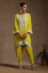 Buy_Wazir C_Yellow Crepe, Organza, Cotton Embroidery Round Kashmiri Kurta Tulip Pant Set _Online_at_Aza_Fashions