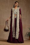 Buy_Wazir C_Wine Crepe Embroidery Kashmiri V Neck Placement Lehenga Cape Set _at_Aza_Fashions