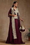 Shop_Wazir C_Wine Crepe Embroidery Kashmiri V Neck Placement Lehenga Cape Set _Online_at_Aza_Fashions