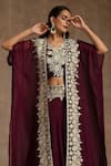 Wazir C_Wine Crepe Embroidery Kashmiri V Neck Placement Lehenga Cape Set _at_Aza_Fashions