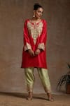 Shop_Wazir C_Red Silk Embroidery Kashmiri Round Neck Work Kurta Pant Set _Online_at_Aza_Fashions