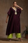 Buy_Wazir C_Wine Silk Placement Embroidery Kashmiri V Neck Work Kaftan With Pant _at_Aza_Fashions