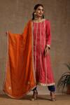 Buy_Wazir C_Pink Silk, Organza, Cotton Embroidery Round Neck Kashmiri Panel Kurta Pant Set _Online_at_Aza_Fashions