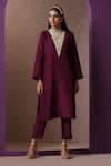 Buy_Wazir C_Maroon Silk, Cotton Embroidery Round Neck Yoke Kurta And Pant Set _Online_at_Aza_Fashions